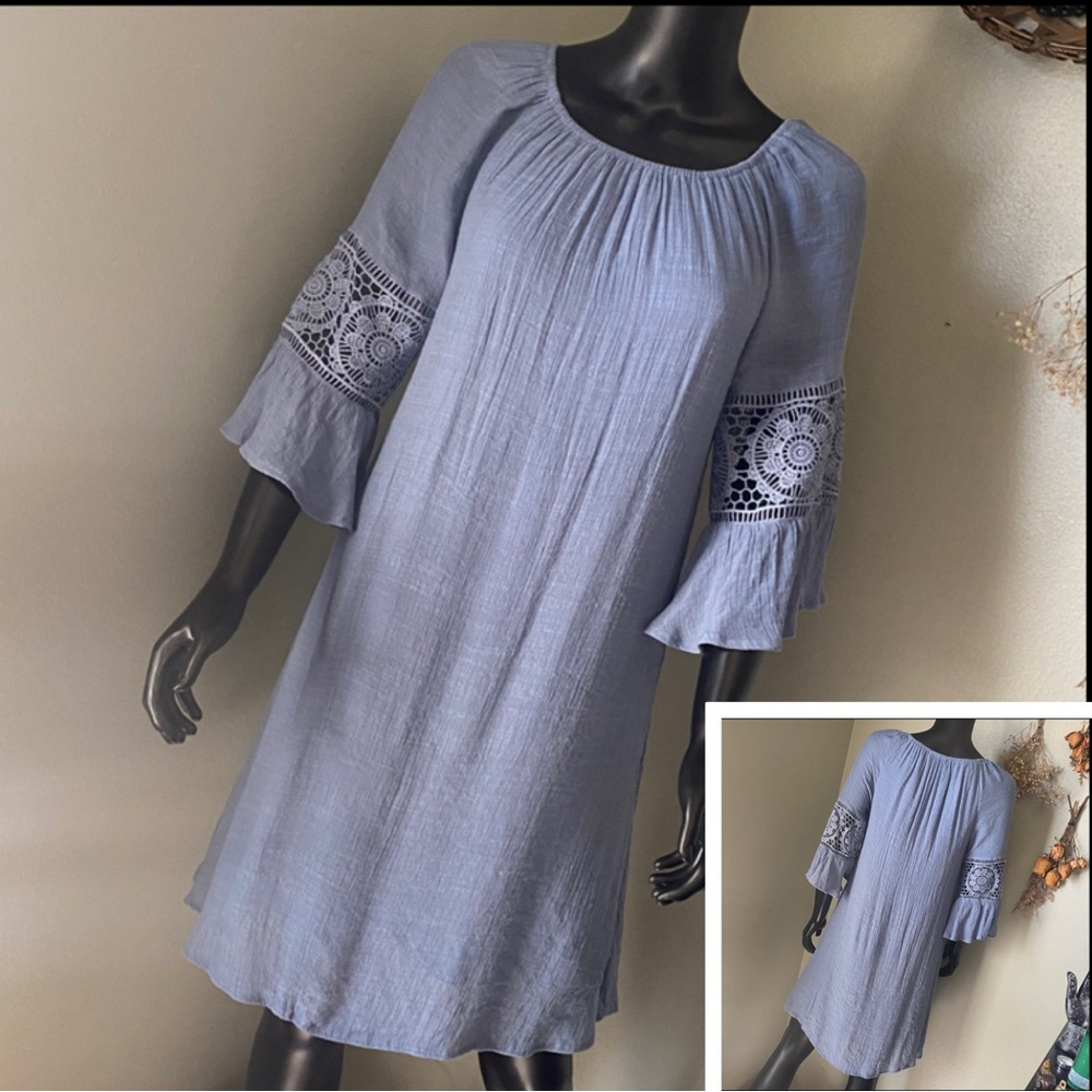 INDIGO ROSE Chic Light Blue Dress with Crochet Sleeves - Picture 1 of 14